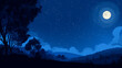 © Artonic - Flat Vector Illustration of Moonlight Night with Full Moon, Tree Silhouettes, and Minimalist Landscape on Dark Blue Background