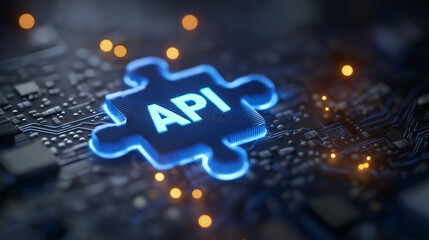 Wall Mural - neon circuit board with glowing api puzzle piece and digital elements