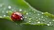 © phothostoker - Colorful ladybug on bright green leaf with morning dew drops, featuring vibrant red spots and contrasting colors for cheerful spring wallpaper