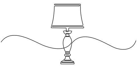 A simple line drawing of a desk lamp. It shows the lamp's shape and features in a single continuous line. continuous single one line art concept, Table study lamp outline drawing illustration. one. 