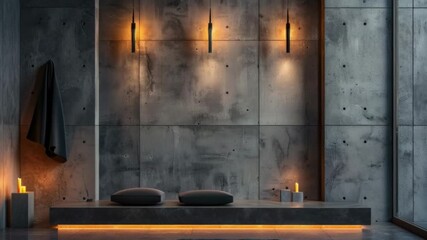 Wall Mural - A small room with concreted walls and a bench with candles, perfect for intimate settings or minimalist designs