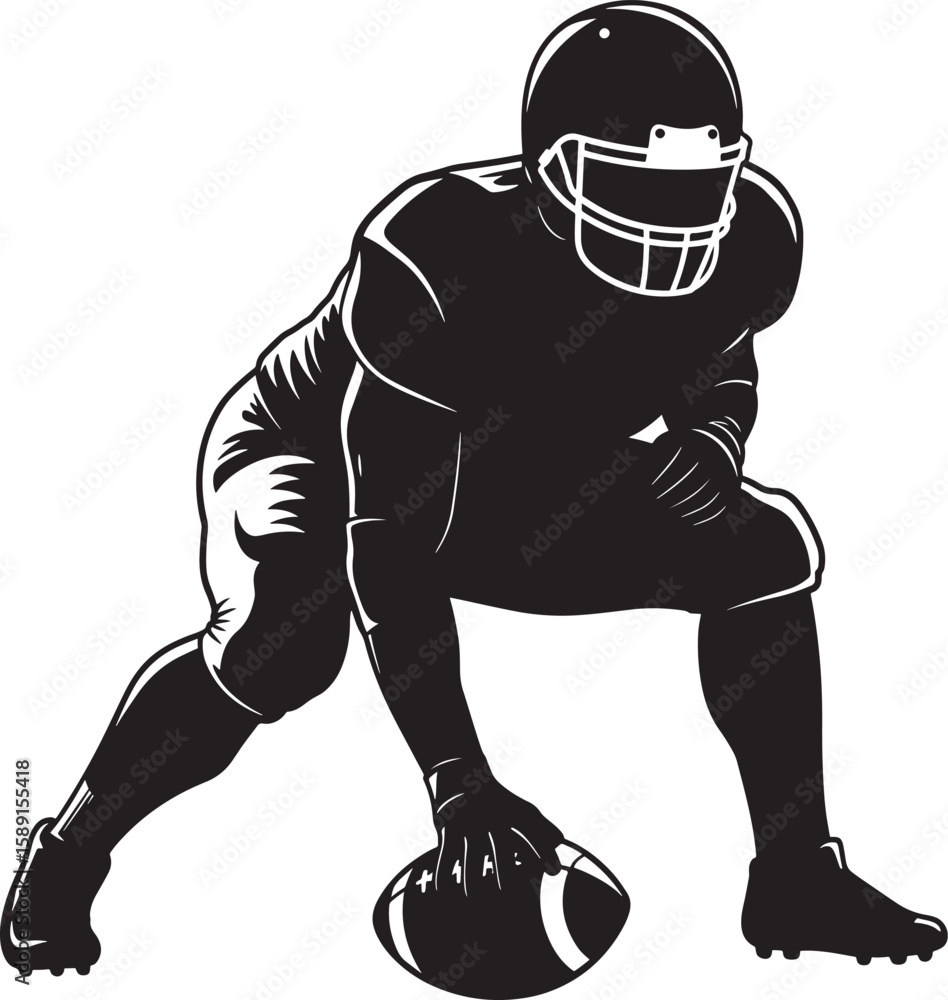 American football player in lineman stance holding ball black ...