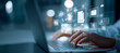 © Graphic Pro - Person types on laptop with floating data icons. Digital transformation, database management concept for marketing, design, editorial, or web.