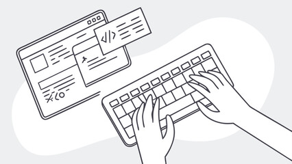 Hands typing on a keyboard with browser windows and code snippets displayed on the screen view space
