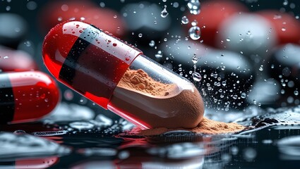 a red and transparent capsule breaking open, revealing a fine powder spilling out, surrounded by droplets of water splashing around