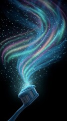 Wall Mural - a toothbrush with swirling Aurora Borealis as toothpaste, just about to touch the bristles, glowing particles frozen in the air. In an isometric 3d sandbox on a pure black background. Hyper-detailed.