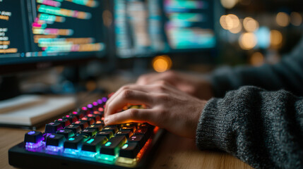 close-up of programmer writing code on computer
