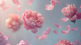 un diseño floral de un fondo con flores peonias color rosa cayendo sobre el fondo con petalos diseño elegante y romantico detallado 