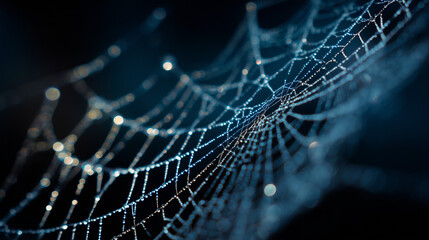 A detailed spider web glistening with dew, showcasing nature's intricate design and delicate structure, perfect for themes of nature, mystery, and artistry.