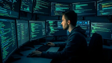 Man coding on many computer screens in a dark room setting