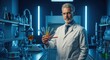 © An - A mature male scientist in a lab coat holding a set of test tubes in a laboratory.