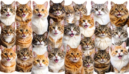 many cats in a row, all looking at the viewer