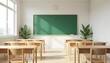 © AmStoock - 3D render of a minimalist classroom interior with wooden desks