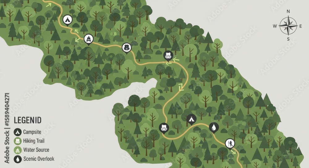 Hiking trail map illustration featuring a winding path through a forest ...