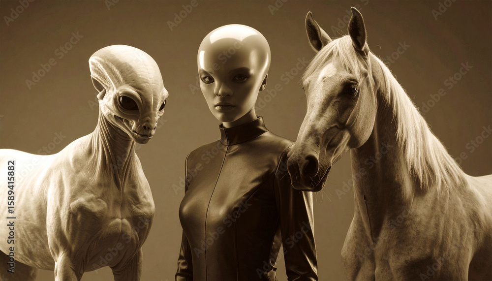 Alien horse, humanoid alien, and white horse side by side in surreal ...
