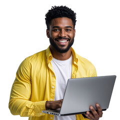 Cheerful Young Dark-Skinned Man Holding Laptop and Smiling on Isolated transparent background