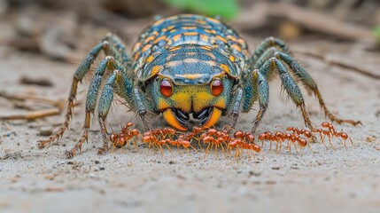 Large, colorful insect surrounded by ants
