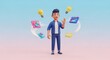 © Wawan - Smiling 3D cartoon man surrounded by floating data charts and lightbulb ideas.
