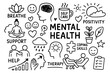 © FriskySloths - Mental Health Doodle Set, Hand Drawn Wellness and Self Care Icons, Therapy Mindfulness Positivity Support Illustration, Emotional Wellbeing Graphic Elements, Black White Transparent Background