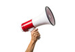 © Pixel_Glow - Hand holding a red and white megaphone for announcements or protests. Isolated on transparent background, png