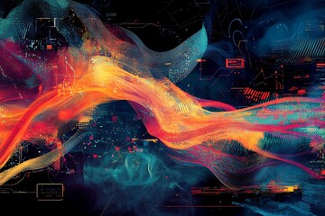 Abstract technology background with data stream visualization and digital network