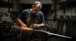 © Isantoh - A blacksmith sharpening a sword.
