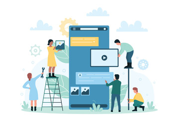 Wall Mural - mobile app development, creative content creation with tiny people. cartoon developers making applic