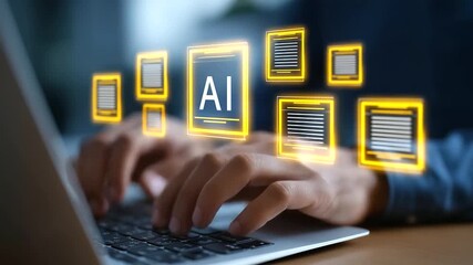 Wall Mural - hands typing on a keyboard with ai-themed documents and letters in focus.