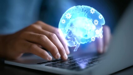 Wall Mural - hands typing on a laptop with a futuristic ai cloud interface overlay.