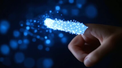 A digital finger interacts with a luminous node within a complex binary network mesh.