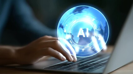 Wall Mural - fingers swiftly navigate a laptop keyboard, interacting with a futuristic ai interface in a digital 