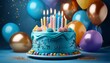 © Vance - delicious blue birthday cake with lit candles and colorful balloons celebrating a special occasion