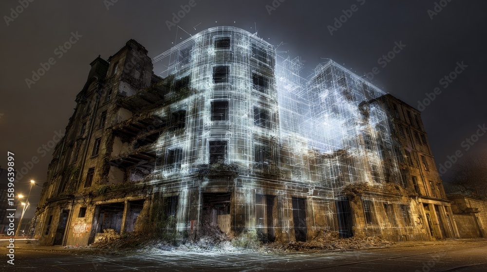 Derelict building overlaid with digital architectural plan at night ...