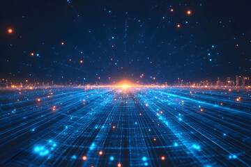 Futuristic technology grid with data stream and cityscape for innovation and digital background