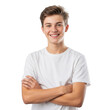 © Shihab - A smiling teen boy with crossed arms exudes confidence and charm in a portrait against a clean white backdrop, isolated on transparent background