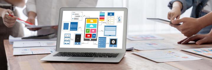 Wall Mural - ux ui design process for brisk mobile application and website . creative prototype of wireframe for 