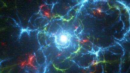 Wall Mural - Cosmic Nebula Energy Burst - A vibrant, swirling nebula in deep space, exhibiting dynamic energy bursts in shades of blue, green, and red.