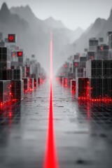 Wall Mural - futuristic digital landscape with glowing red light path and cubic structures