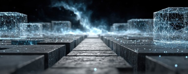 Wall Mural - futuristic wireframe environment with glowing cubes and abstract structures