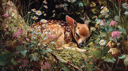 Canvas Print - A sleeping fawn nestled among wildflowers, soft breeze moving petals, dappled sunlight through trees, serene spring setting, still and quiet moment