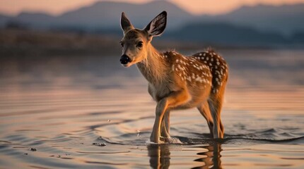 Canvas Print - A baby deer standing in shallow water at sunrise, soft light glowing on its fur, gentle ripples forming, mountains in the blurred background