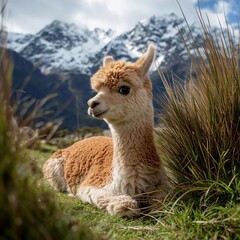 Canvas Print - A baby alpaca lying in green grass with snow-capped mountains behind, camera zooming slowly in, soft ambient mountain air
