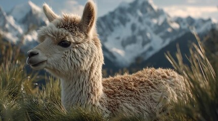 Canvas Print - A baby alpaca lying in green grass with snow-capped mountains behind, camera zooming slowly in, soft ambient mountain air