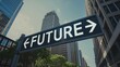 © Kage Dojo - A street sign labeled 'FUTURE' points in opposite directions against a cityscape with tall buildings and a partly cloudy sky.