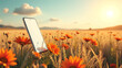 © Galeno - lone smartphone floats amidst sea vibrant swaying wildflowers vast golden arid grassland warm sky