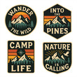 © vectoJA - Wilderness Badge Set, Retro Outdoor Adventure Patches with Mountains, Pines, & Nature Quotes Perfect for Stickers, Patches, T-Shirts & Camping Designs