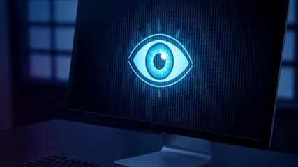 Eye symbol on computer monitor showing cyber surveillance with binary code changing. Data monitoring and digital security concept, animation.