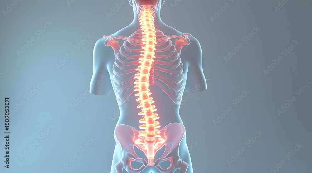 Human Backbone Alignment Holographic human spine vertically aligned in center of translucent ...