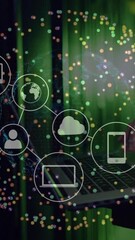 Wall Mural - digital network icons and data processing animation over person using laptop