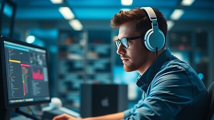 A focused developer working at a modern workstation, surrounded by a tech-inspired ambiance.